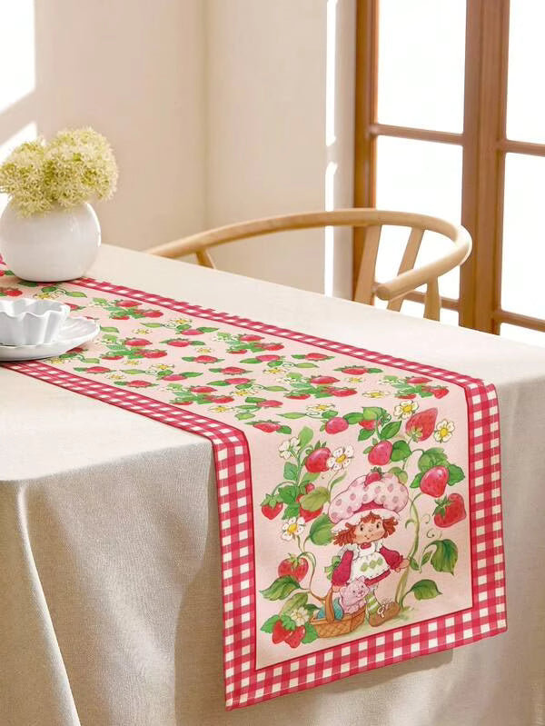 Strawberry Shortcake X SHEIN 1 Pc Thickened Anti-Slip Cartoon Strawberry Printed Table Runner, Holiday Table Runner, Fits Various Table Lengths 90/160/183/200 Cm,Gift Ideas